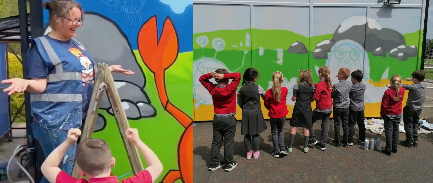 Mad Jessie and school students working and beach mural depicting a beach theme 