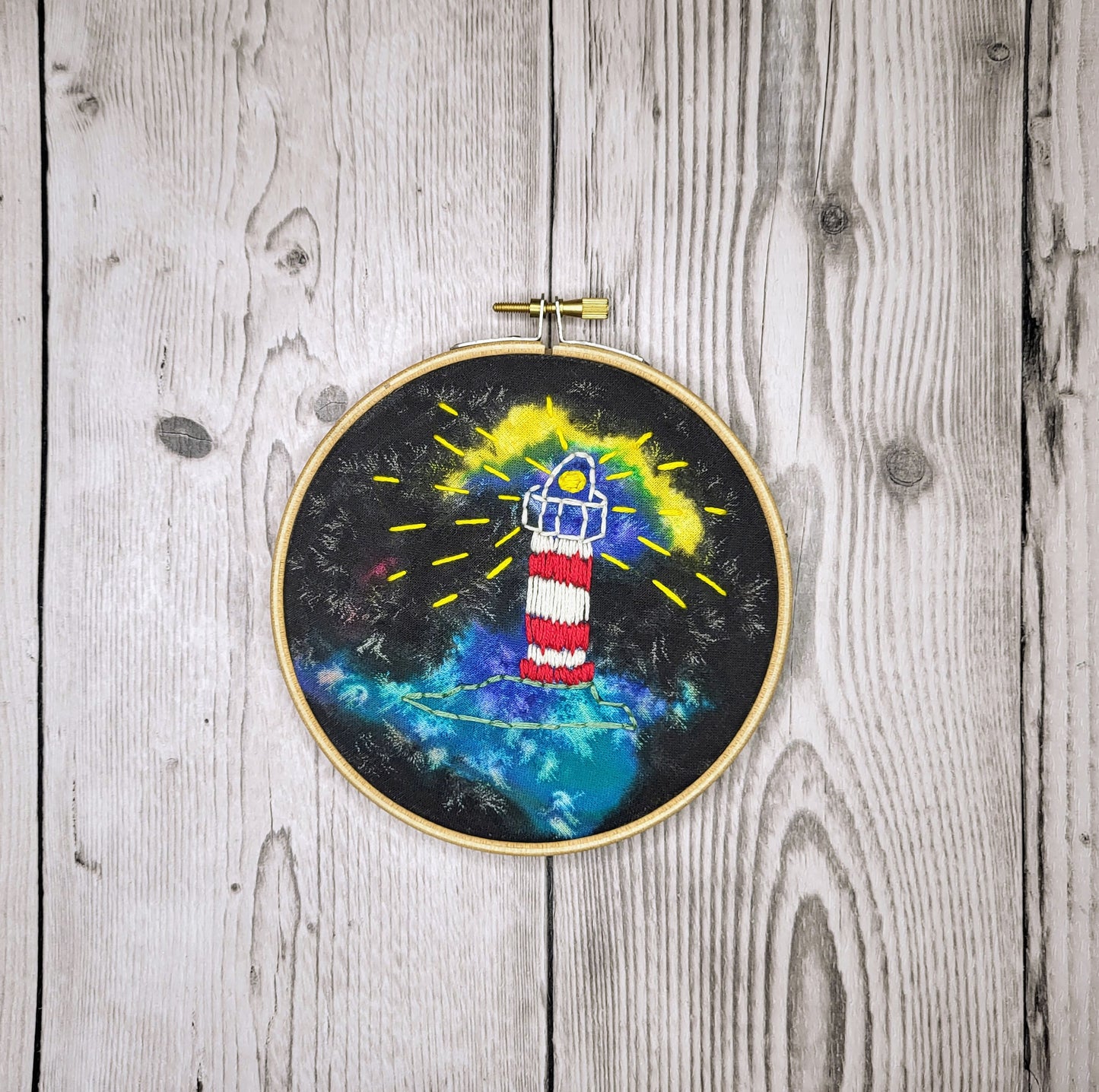 Embroidered Artwork - lighthouse at night - red and white