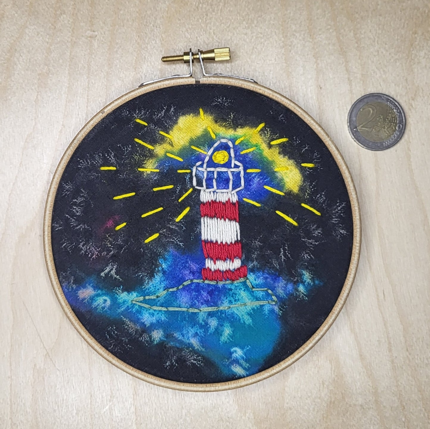 Embroidered Artwork - lighthouse at night - red and white